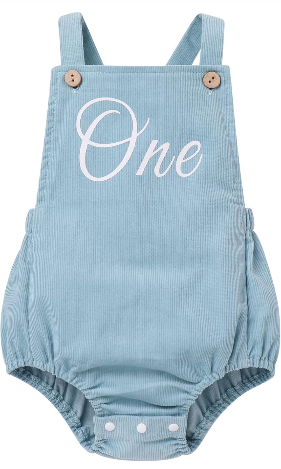 Light blue corduroy baby romper with 'One' script text and adjustable straps with button details.