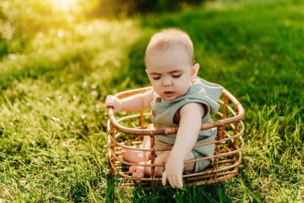 Baby Boy Sitting in Basket | Portsmouth Ohio Milestone Session | 6 Month Old Photos