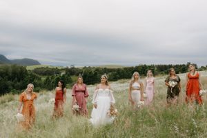 Bridal party in colorful dresses poses in a scenic mountain meadow.