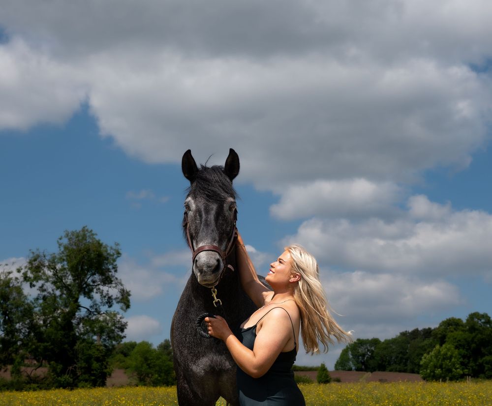 Owner and horse portrait ilkeston heanor on farm field