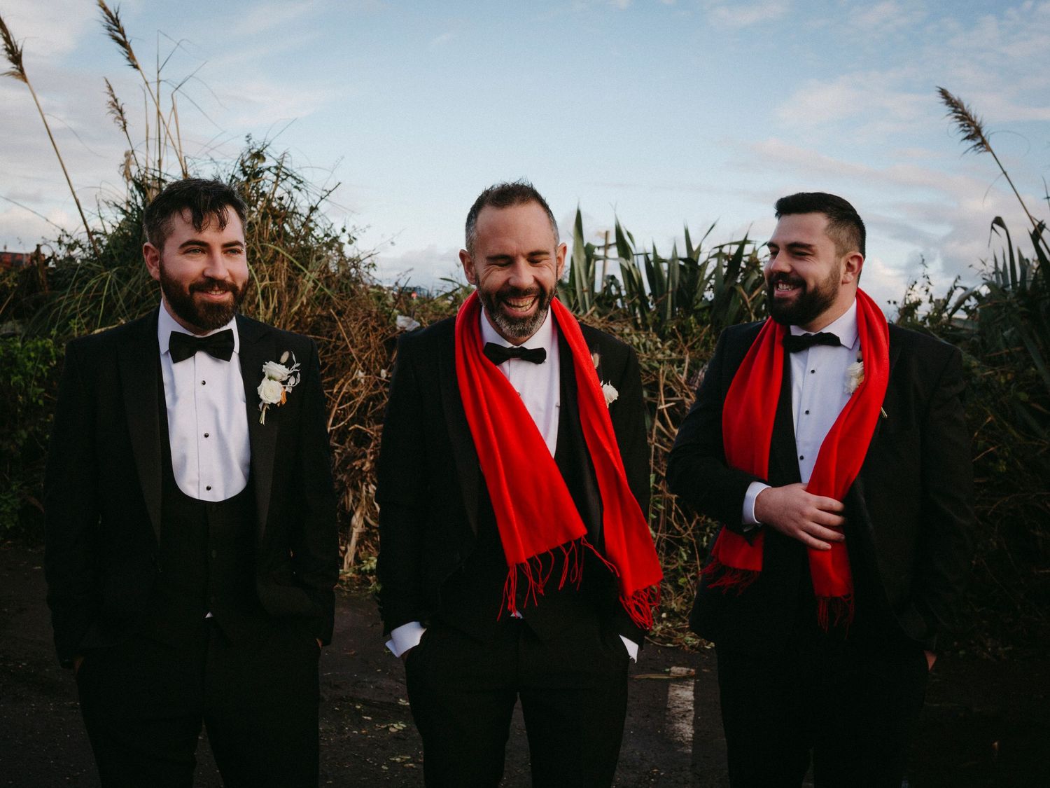 Three groomsmen in black tuxedos pose together outdoors against tall grass at sunset with two wearing red scarves.
