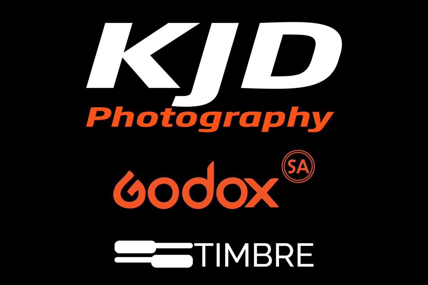 Professional photography logos for KJD Photography, Godox, and Timbre brands displayed on black background.
