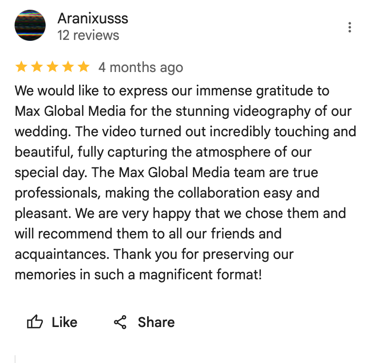 Screenshot of wedding videography review praising professionalism and quality — 5-star rating.