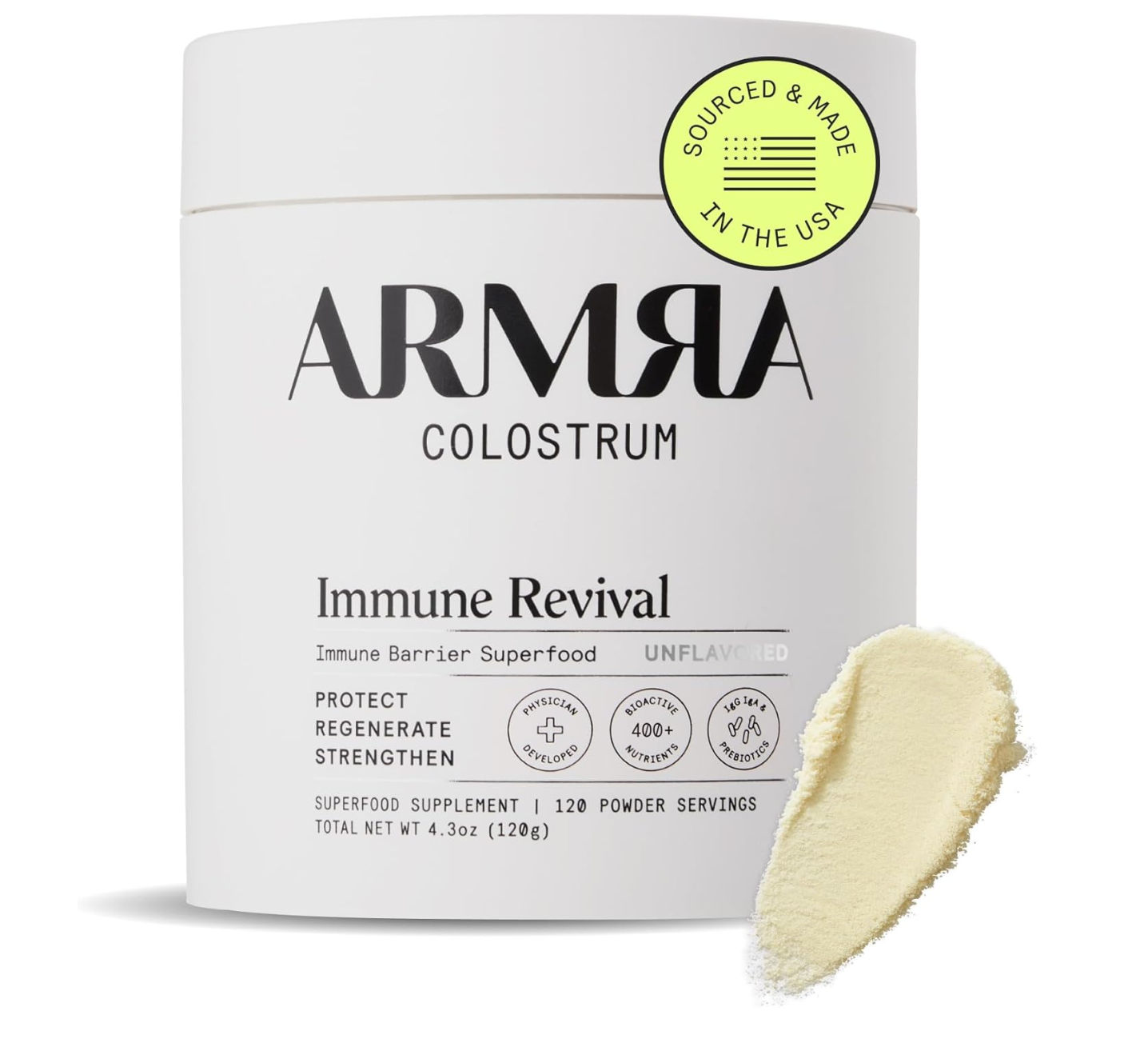 White container of ARMRA Colostrum immune revival supplement with a cream-colored powder sample.