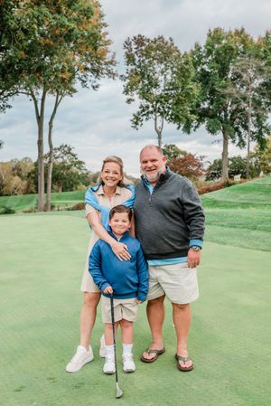A series of candid photos on a golf course showing people posing and playing together on a sunny day.