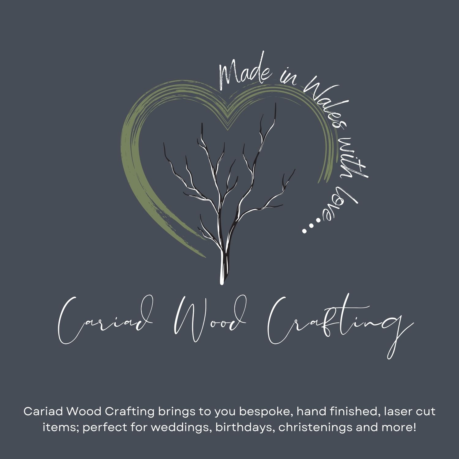 Tree-inspired logo designs in white on dark background with brand text for wood crafting company.