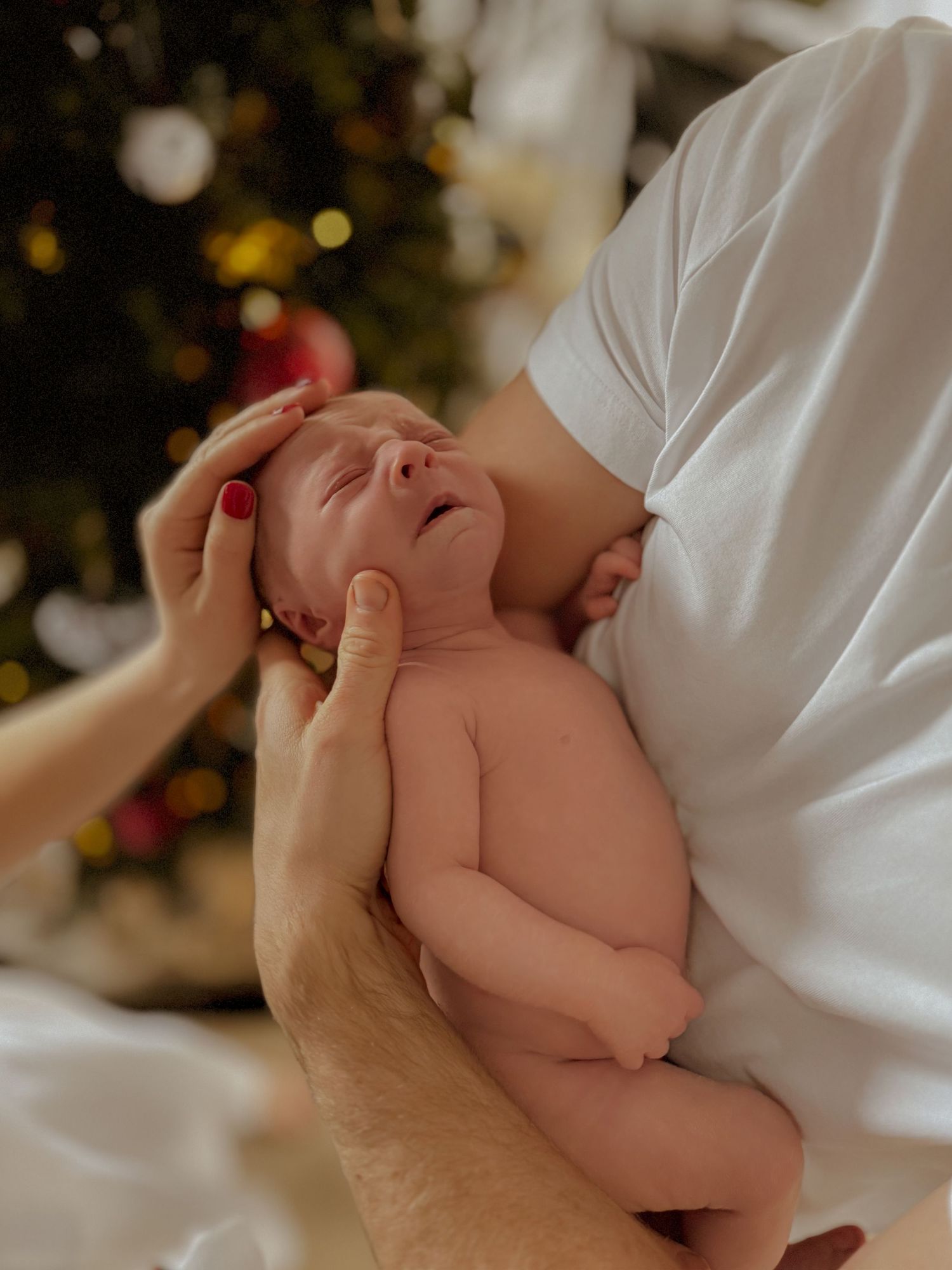A newborn baby wrapped in white fabric against a blurred Christmas tree background.