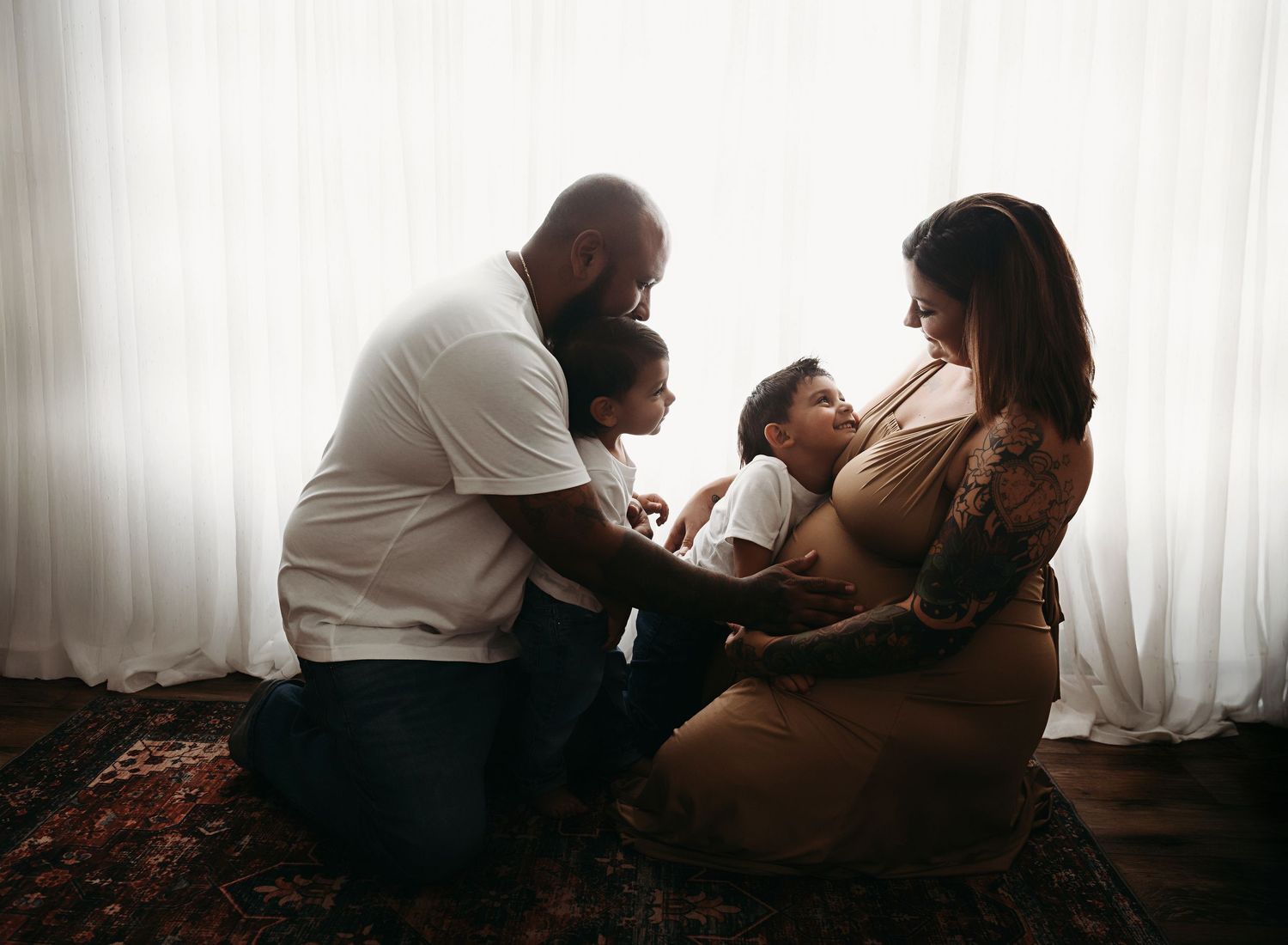 A series of intimate photos showing people sitting and connecting with each other in a softly lit room.