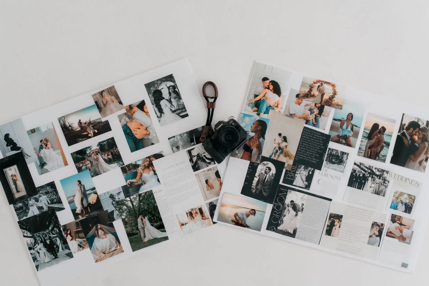 A collection of personal photographs and polaroids spread out on a white surface with a vintage camera in the center.