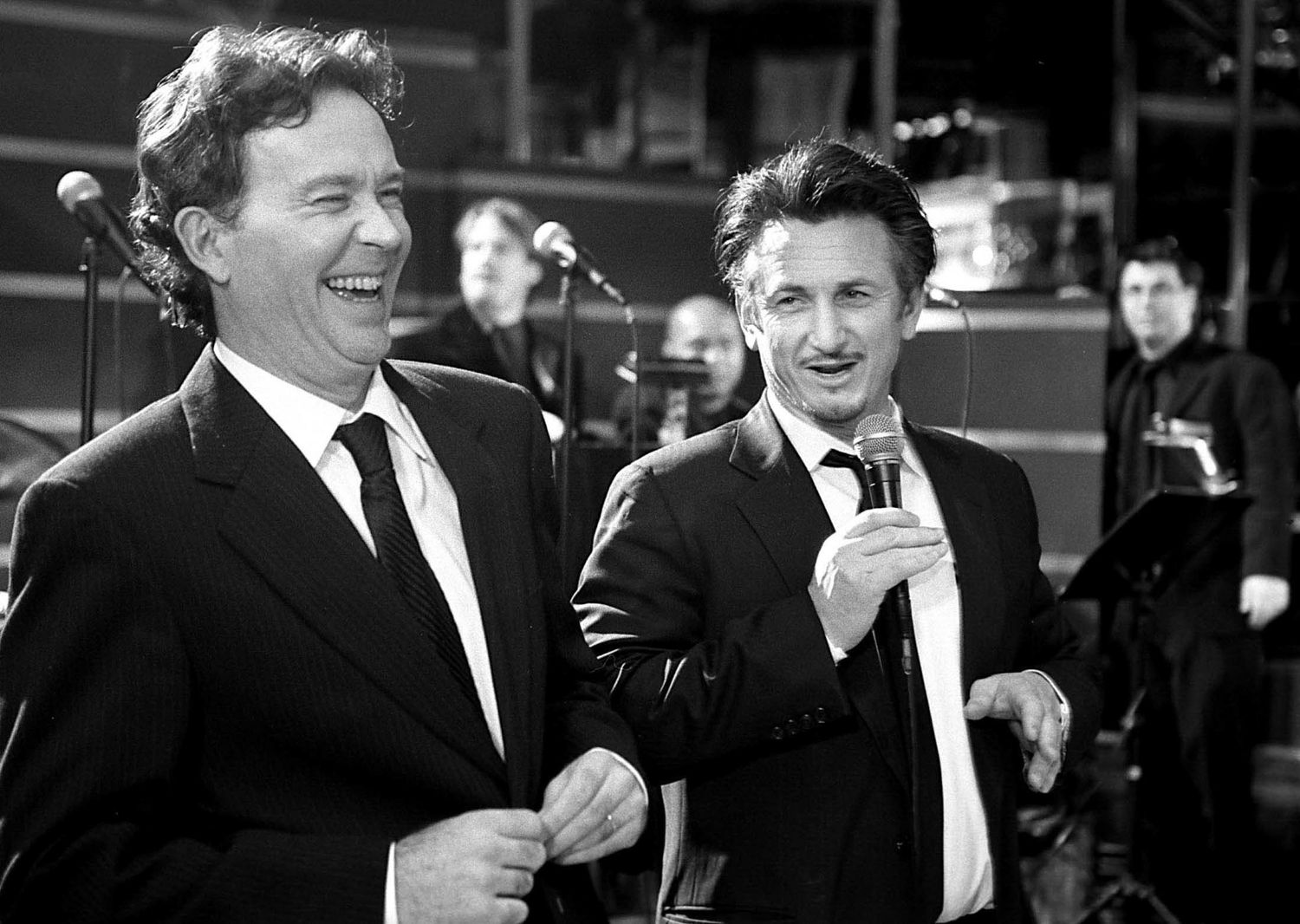 Sean Penn and Timothy Hutton give their speech in tandem at the Rainbow Room in New York City.