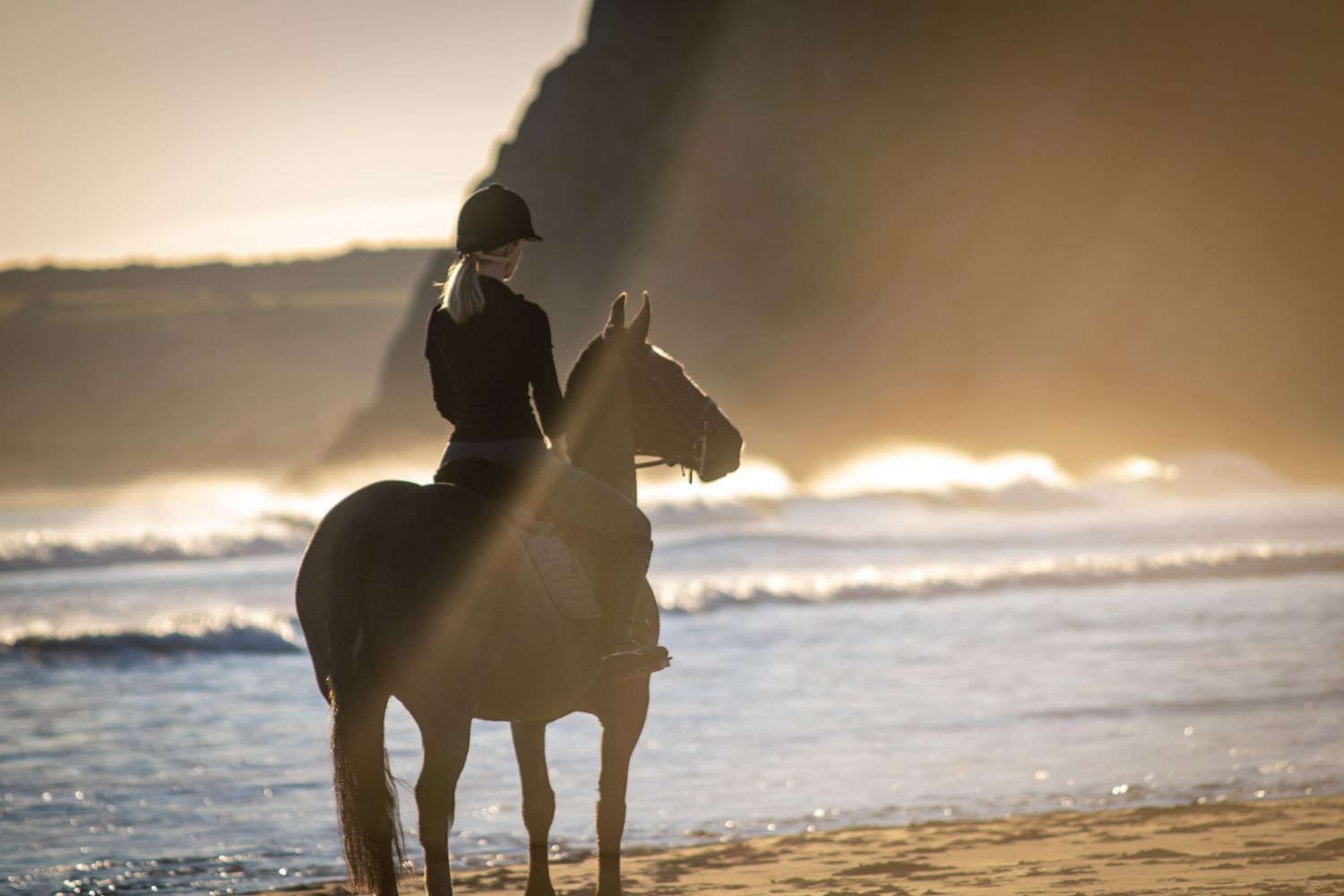 Silhouettes of horse and rider walking along beach at sunset.