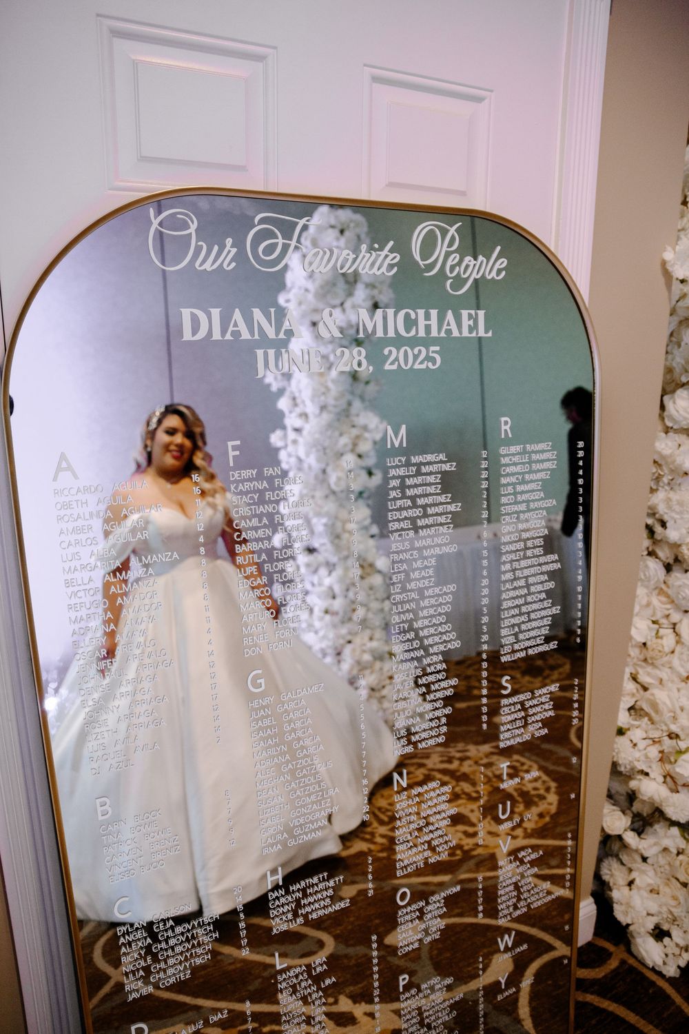 A wedding seating chart mirror display with white floral decor showing table assignments for guests.