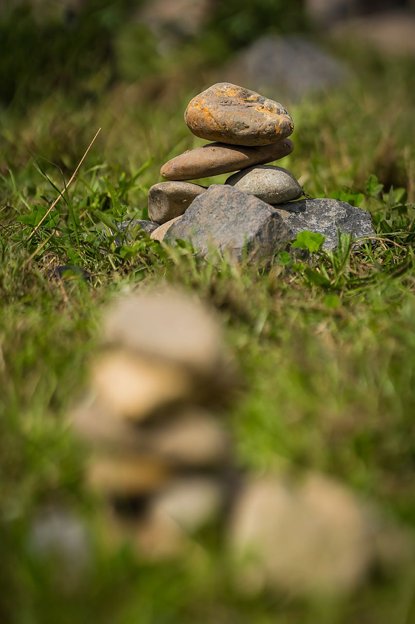Several brown stones are stacked together on grass in an outdoor natural setting.