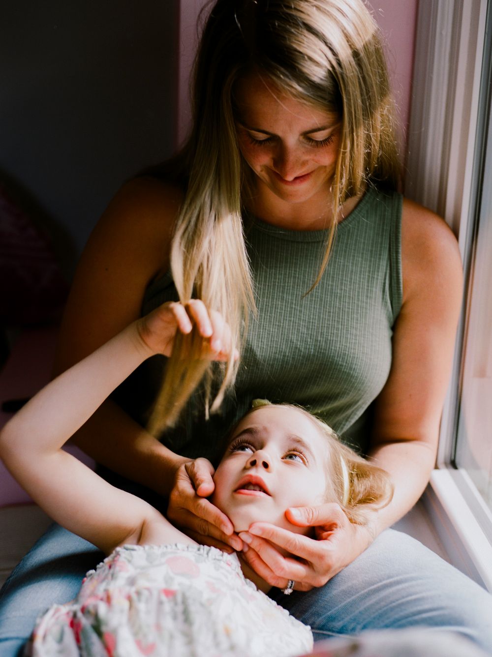 A sequence of tender moments by a window shows a intimate morning routine in soft natural light.