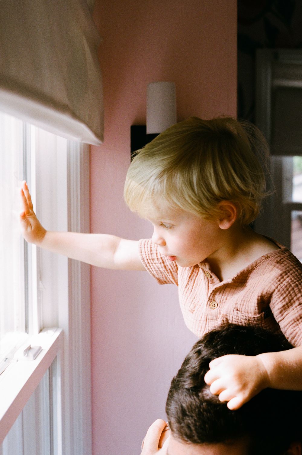Playful scenes of family interaction at a window with natural lighting.