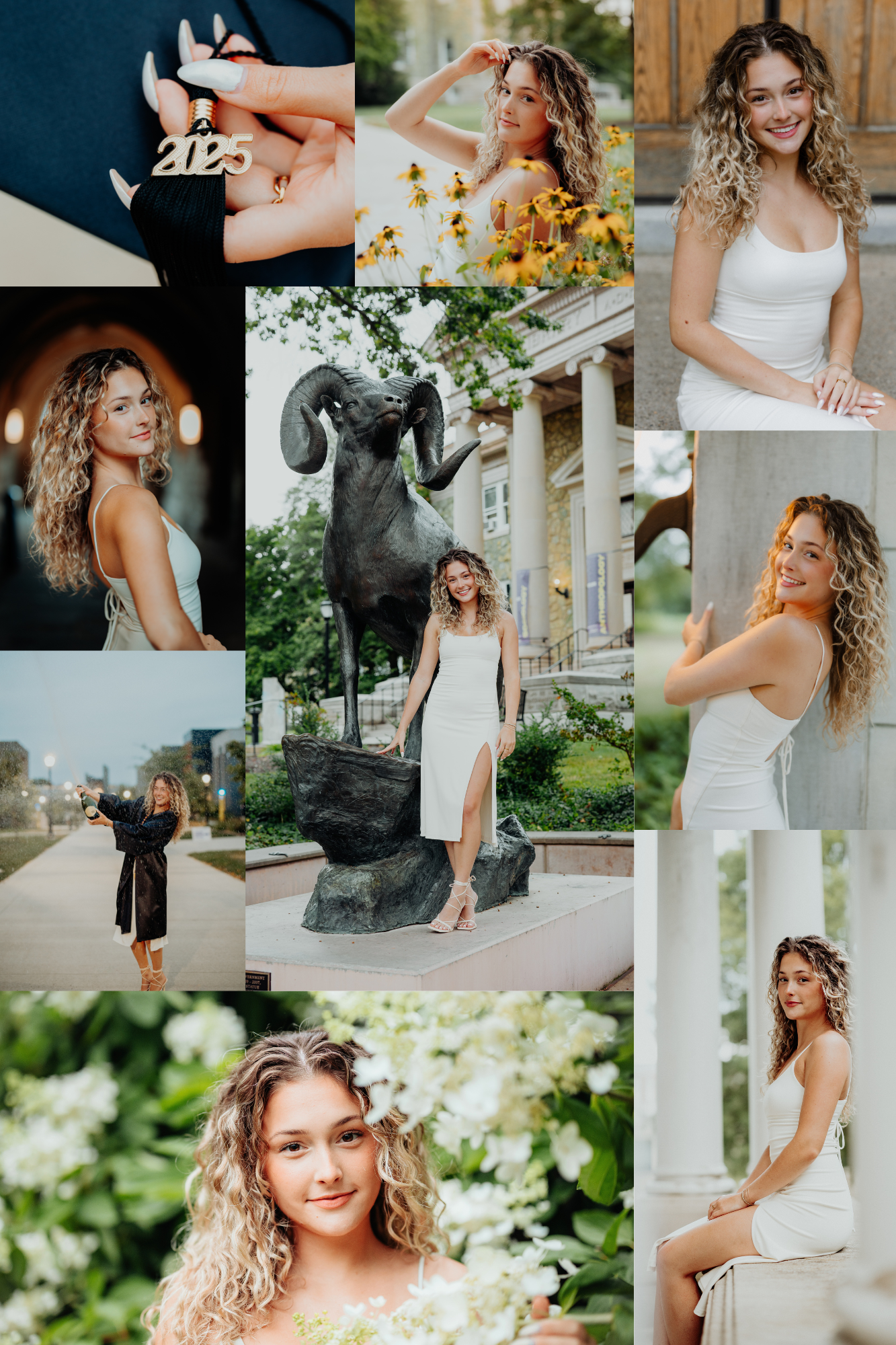 A collection of wedding photography shots showing a bride in a white dress posing outdoors amid greenery and architecture.