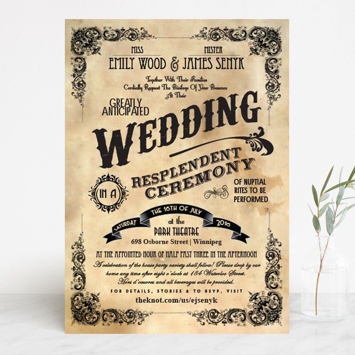 Vintage wedding invitation design template with ornate decorative borders and elegant typography in sepia tones.