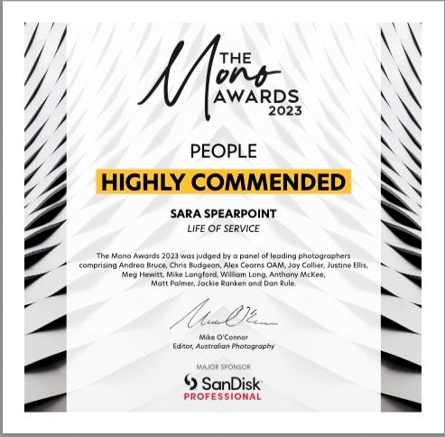 Photography award certificate displaying 'Highly Commended' status in the People category for 2023.