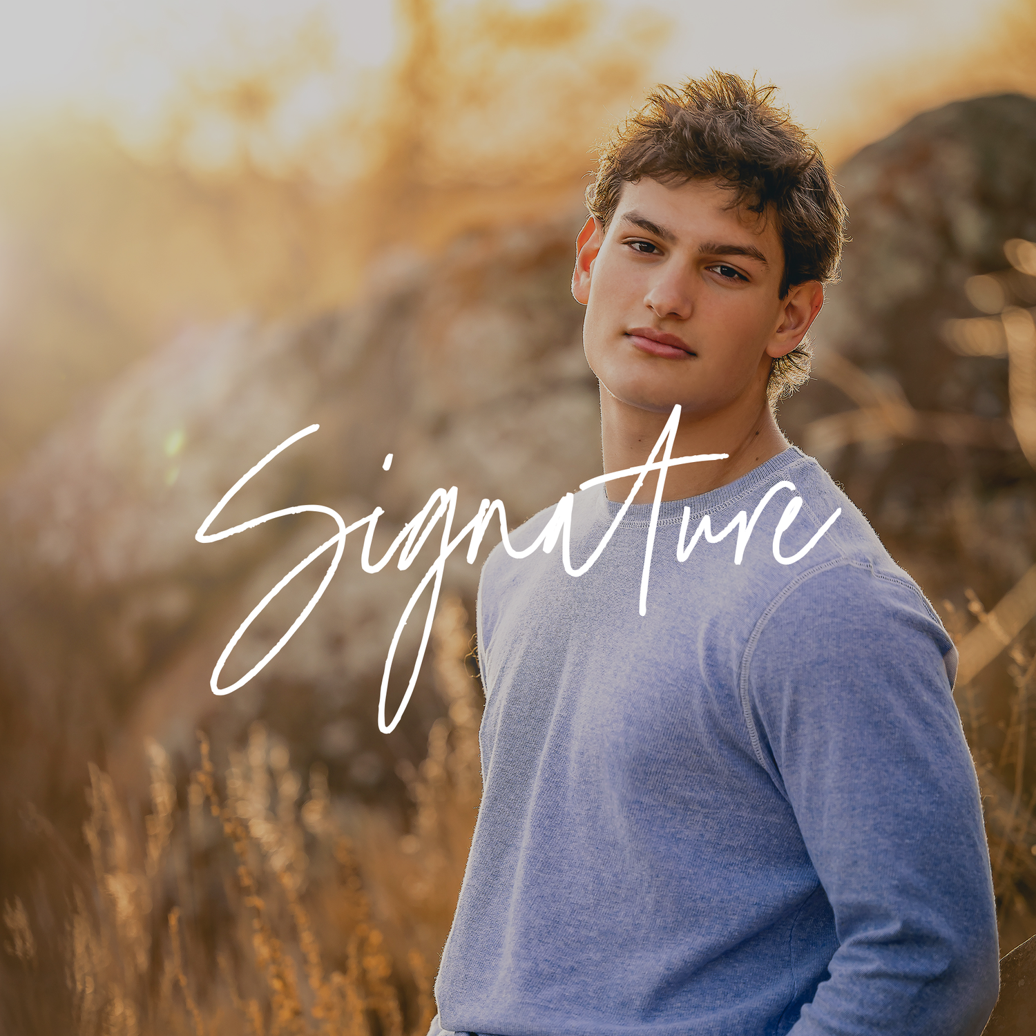 A set of three moody outdoor portrait photographs featuring a person in a blue sweater against a blurred natural background.