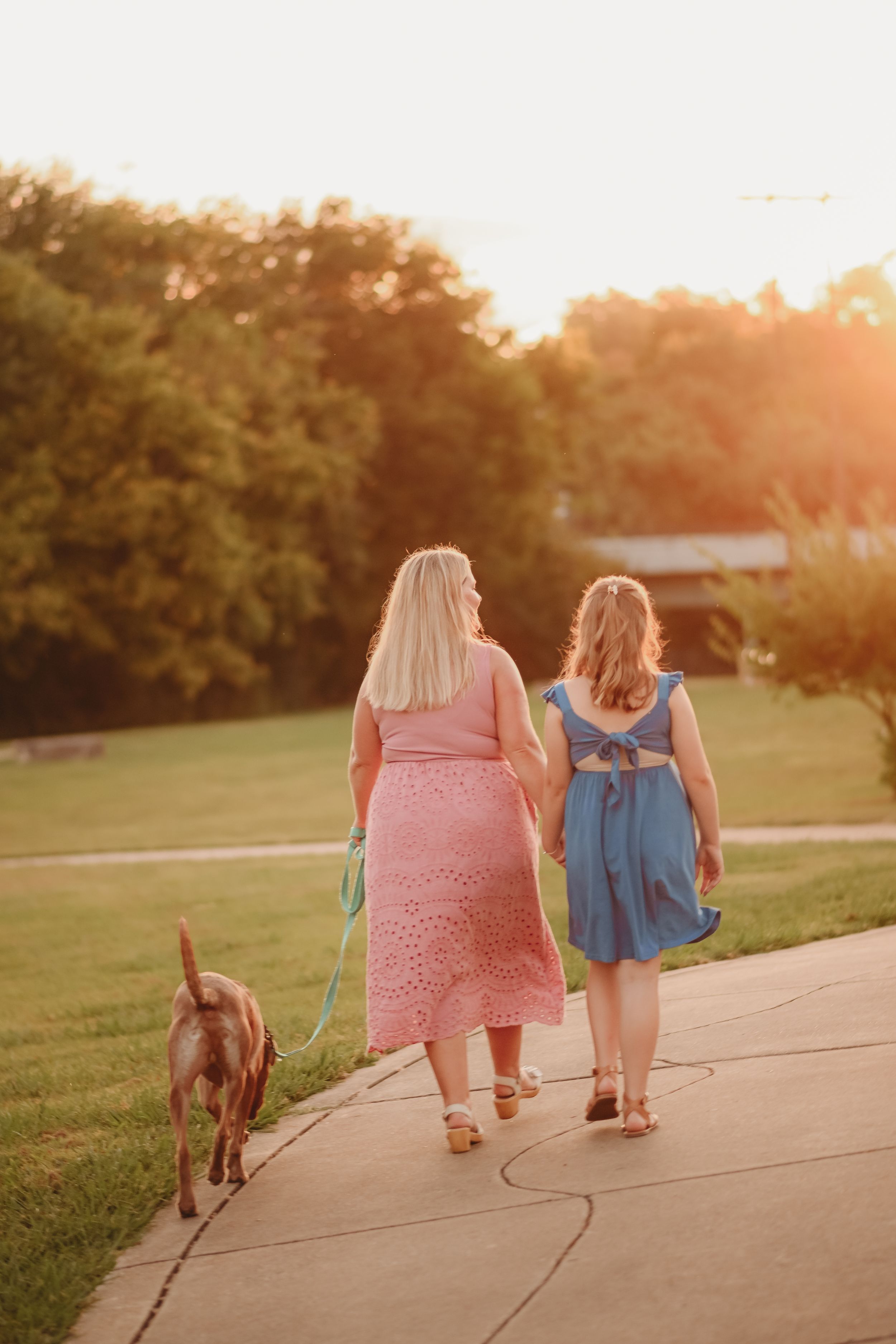 Two people and their dog stroll along a winding sidewalk during golden hour.