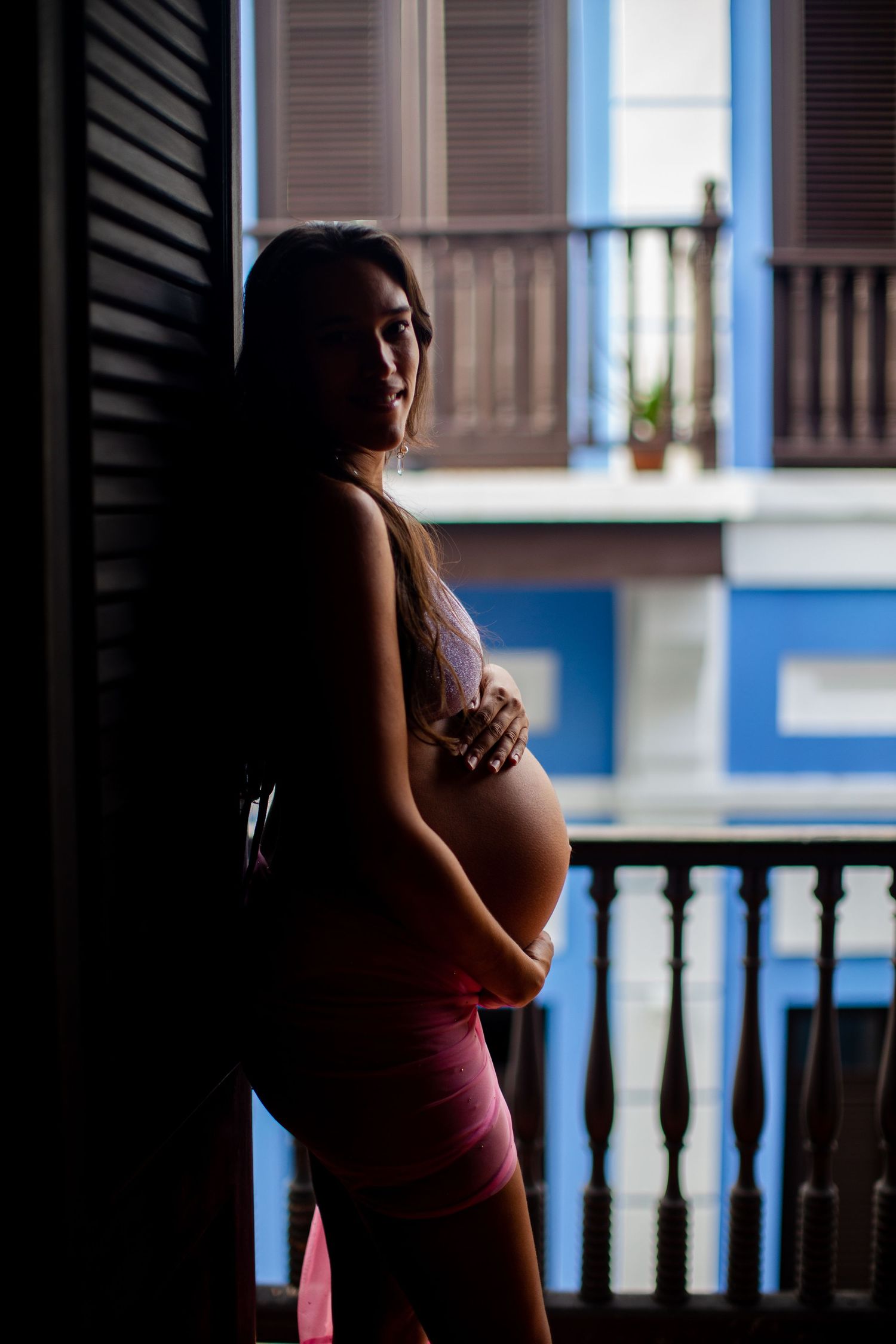 Silhouette portrait of a woman. Maternity portrait. Old San Juan, Puerto Rico.