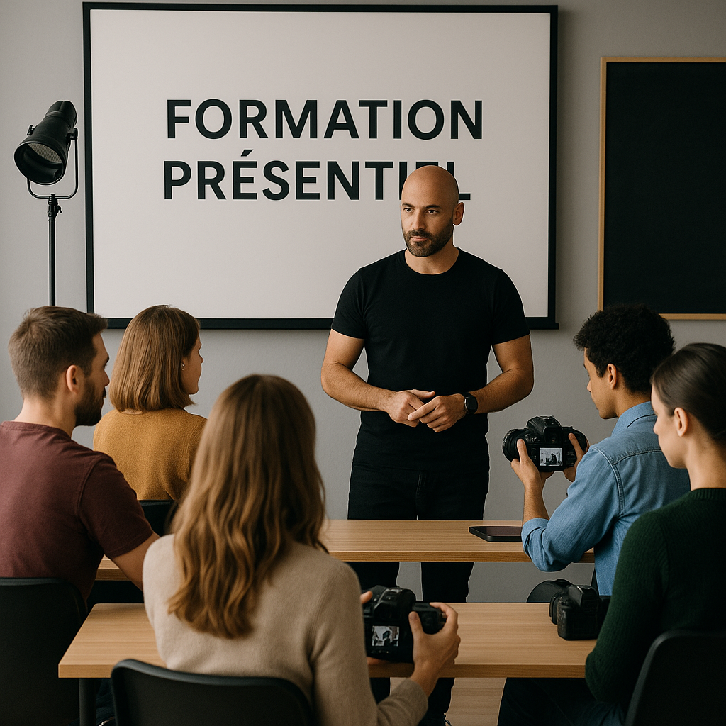 Photography workshop session with instructor teaching students in a classroom setting.