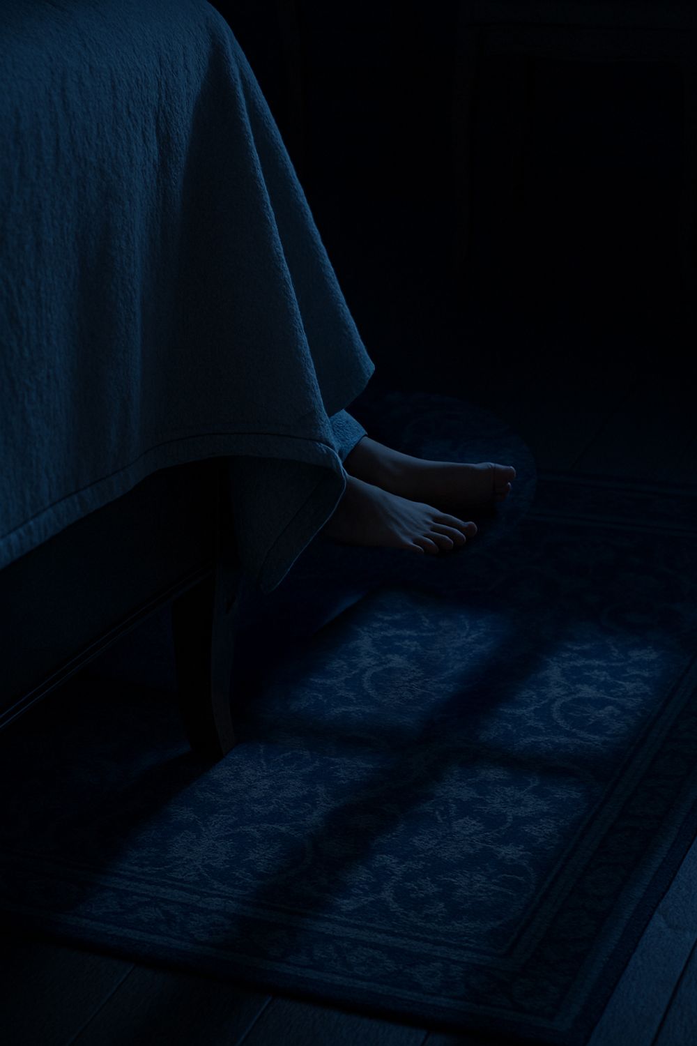 A series of dark, eerie photographs showing bare feet walking across a dimly lit textured surface.