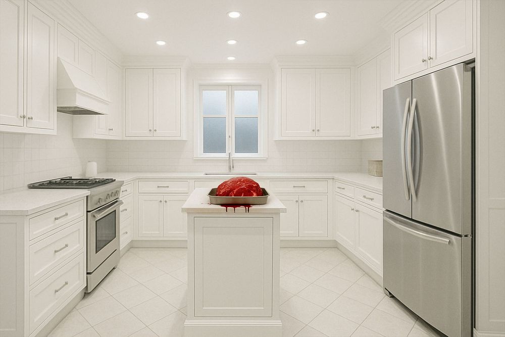 Modern white kitchen with stainless steel appliances, center island, and bright natural light.