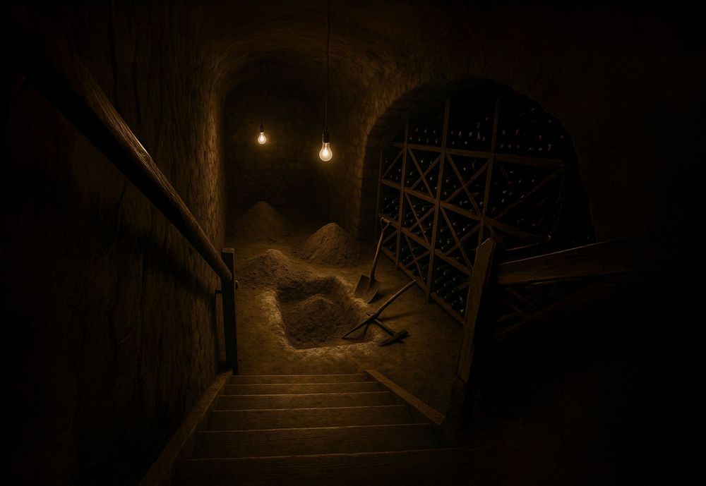 Dark cellar staircase leading to a dimly lit wine rack room with sand pile and hanging bulbs.