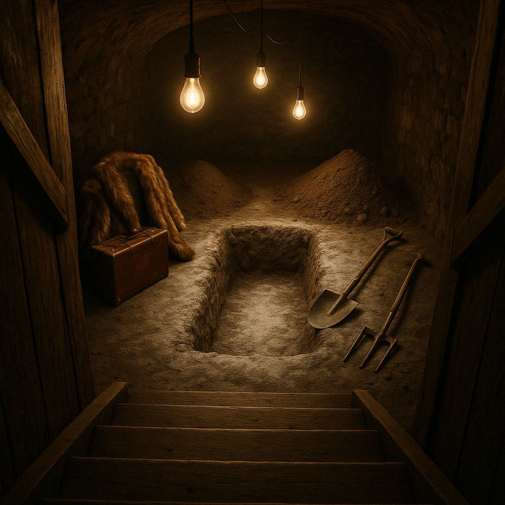 Underground cellar with freshly dug grave, shovels, wooden chest, fur pelt, and hanging Edison bulbs illuminating sandy soil.