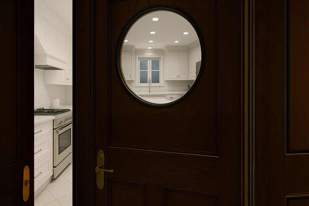Dark wood kitchen door with round porthole window revealing white cabinetry and stainless steel appliances beyond.
