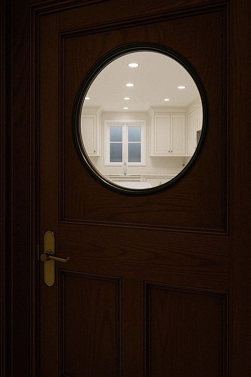 Dark wood door with round porthole window revealing bright white kitchen cabinets and recessed lighting beyond.