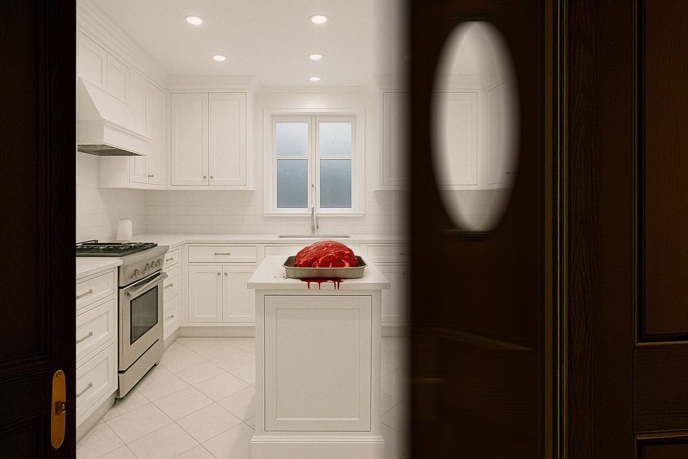 White kitchen with island, red centerpiece, stainless steel stove, white cabinets, viewed through dark wood doorway.
