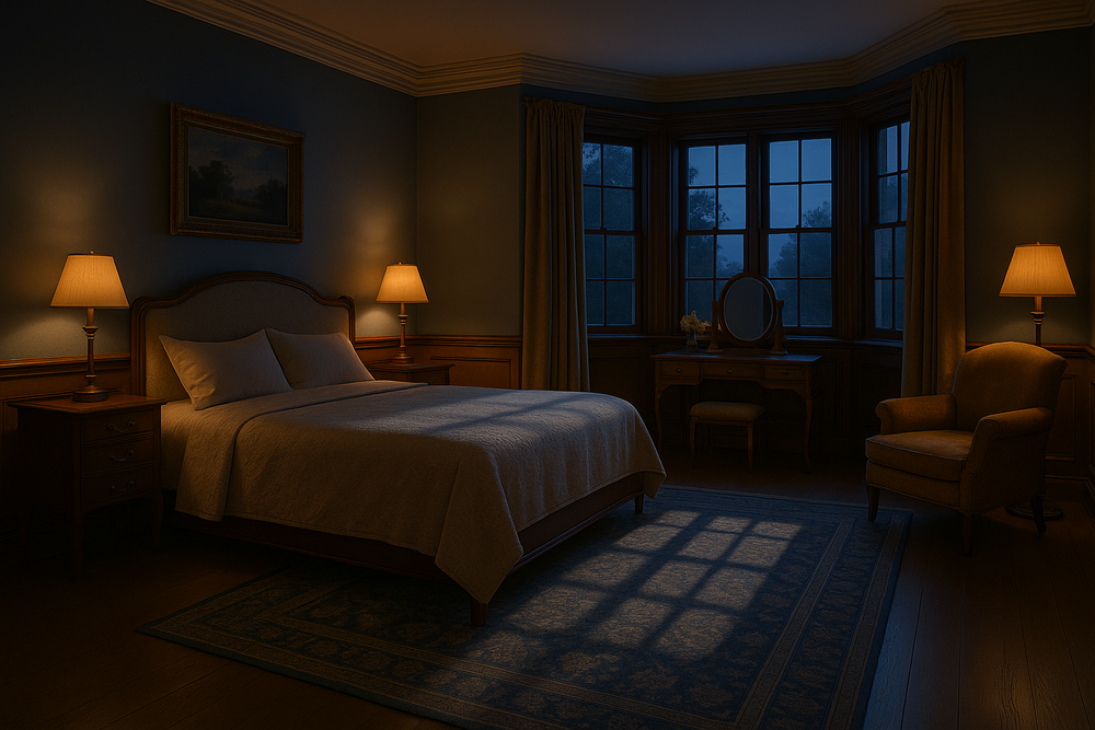 Moonlight casts geometric shadows through windows in a cozy bedroom with warm bedside lamps and plush furnishings.