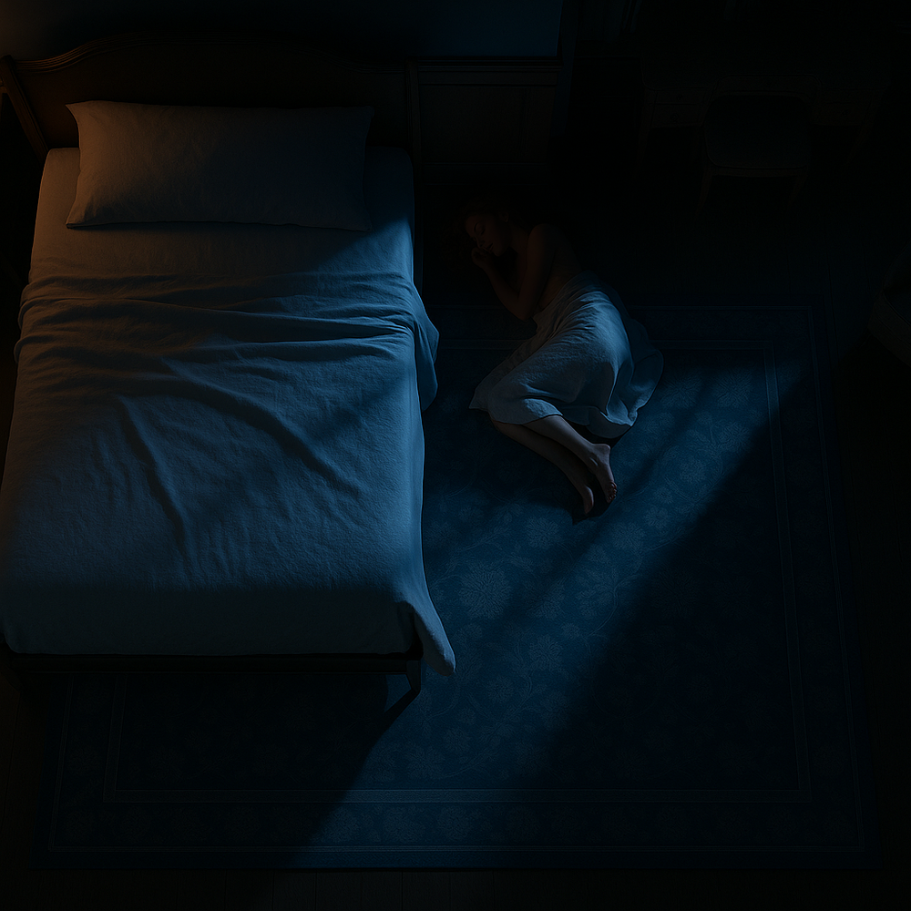Dark blue bedding and pillows arranged on a bed in moody low-light conditions.