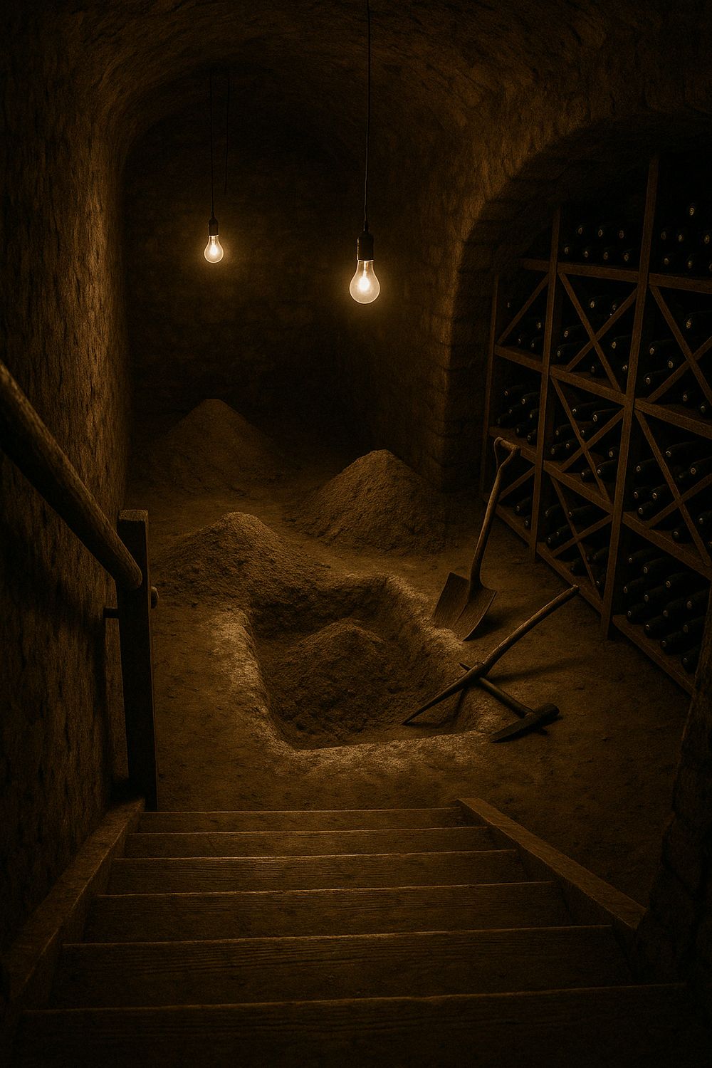 Dimly lit wine cellar with wooden stairs, glowing bulbs, sand mounds, shovels, and bottle racks in arched stone walls.