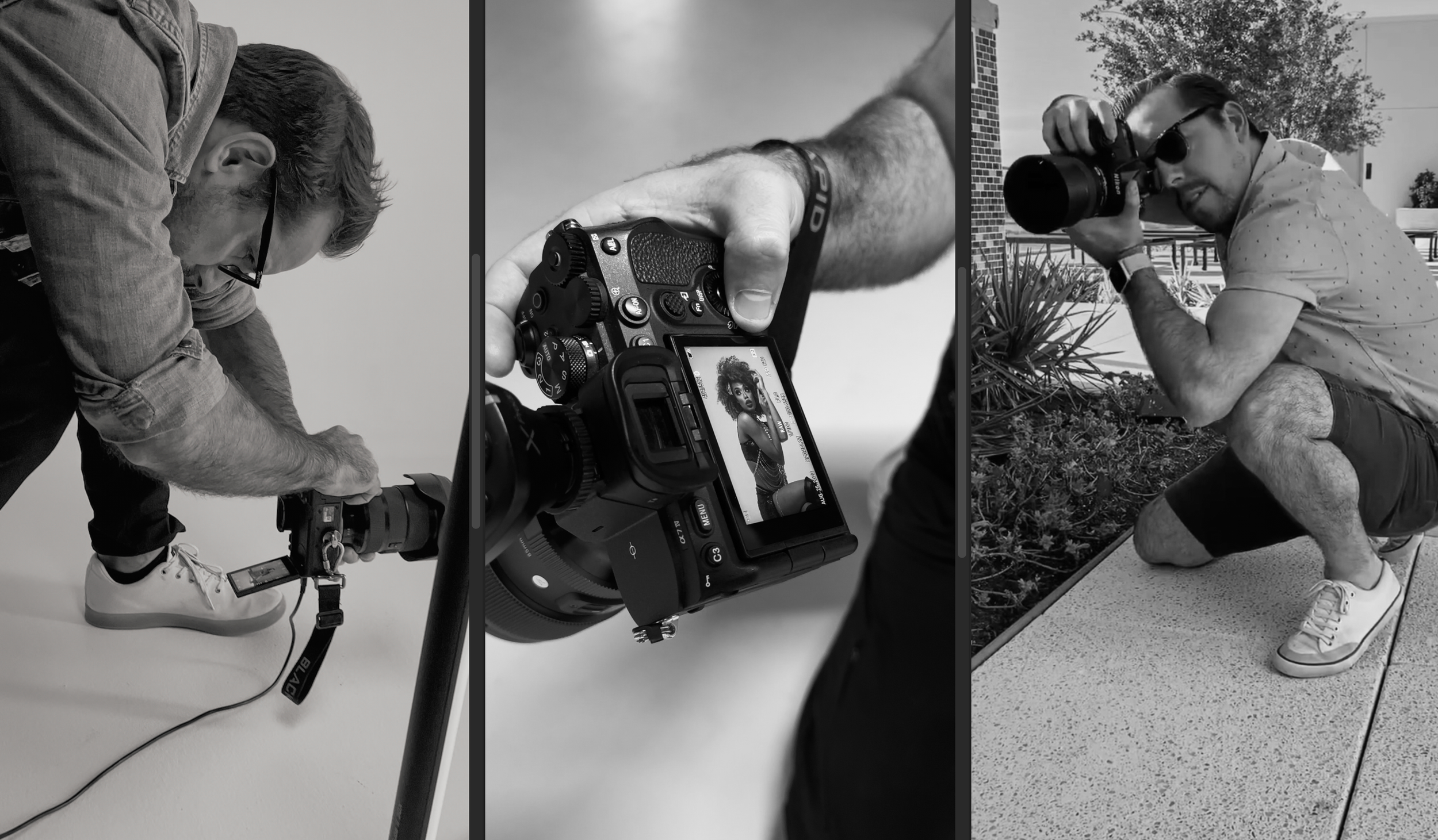 Black and white triptych showing photographers working with cameras from different angles.