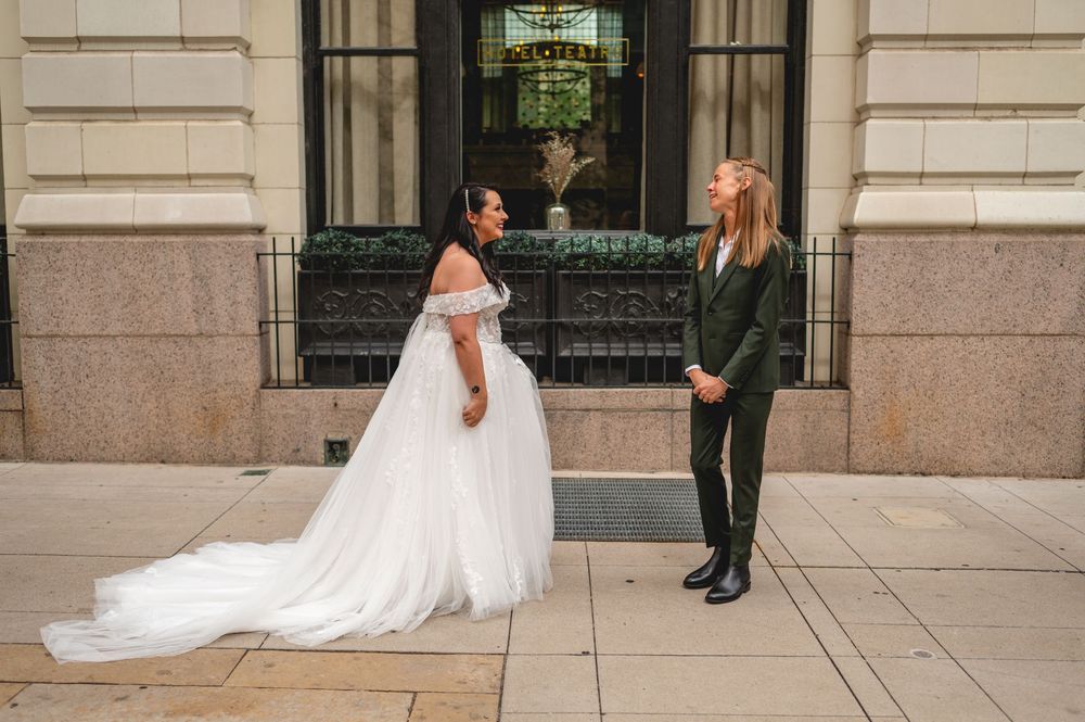 A photo sequence of a person in a white wedding dress with a long train walking and posing on a stone patio.