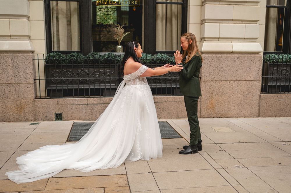 A five-panel collage shows a bride's train and dress details during a wedding photoshoot on a city street.