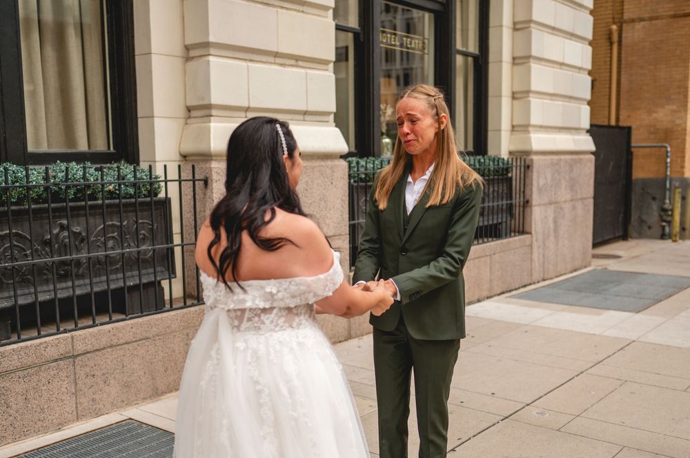 A collage of intimate wedding moments showing embraces and tender gestures outside a classic stone building.