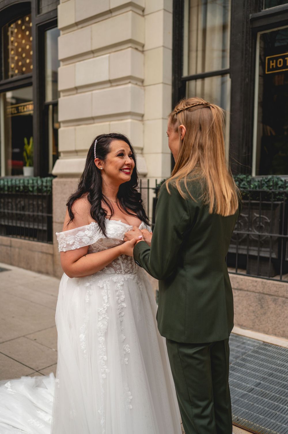 A series of joyful moments captured during a wedding photoshoot on a city street.