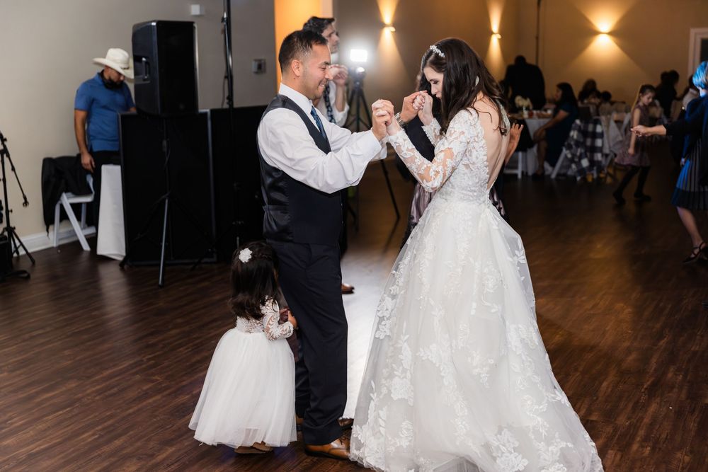 A series of wedding photos showing a father daughter dance on a wooden dance floor at a reception venue.