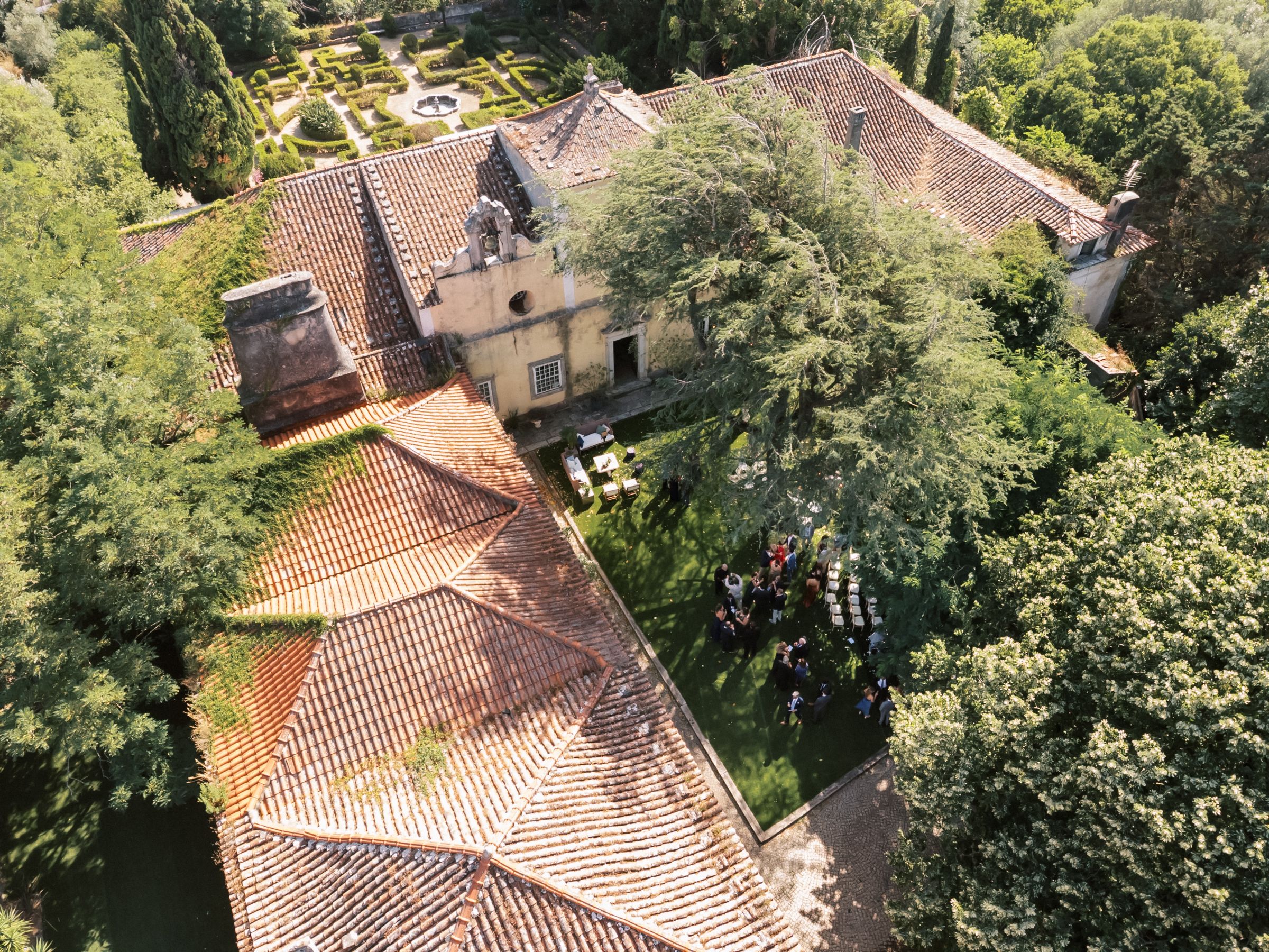 Drone photography of Quinta do Torneiro gardens and historic estate by a Portugal wedding photographer