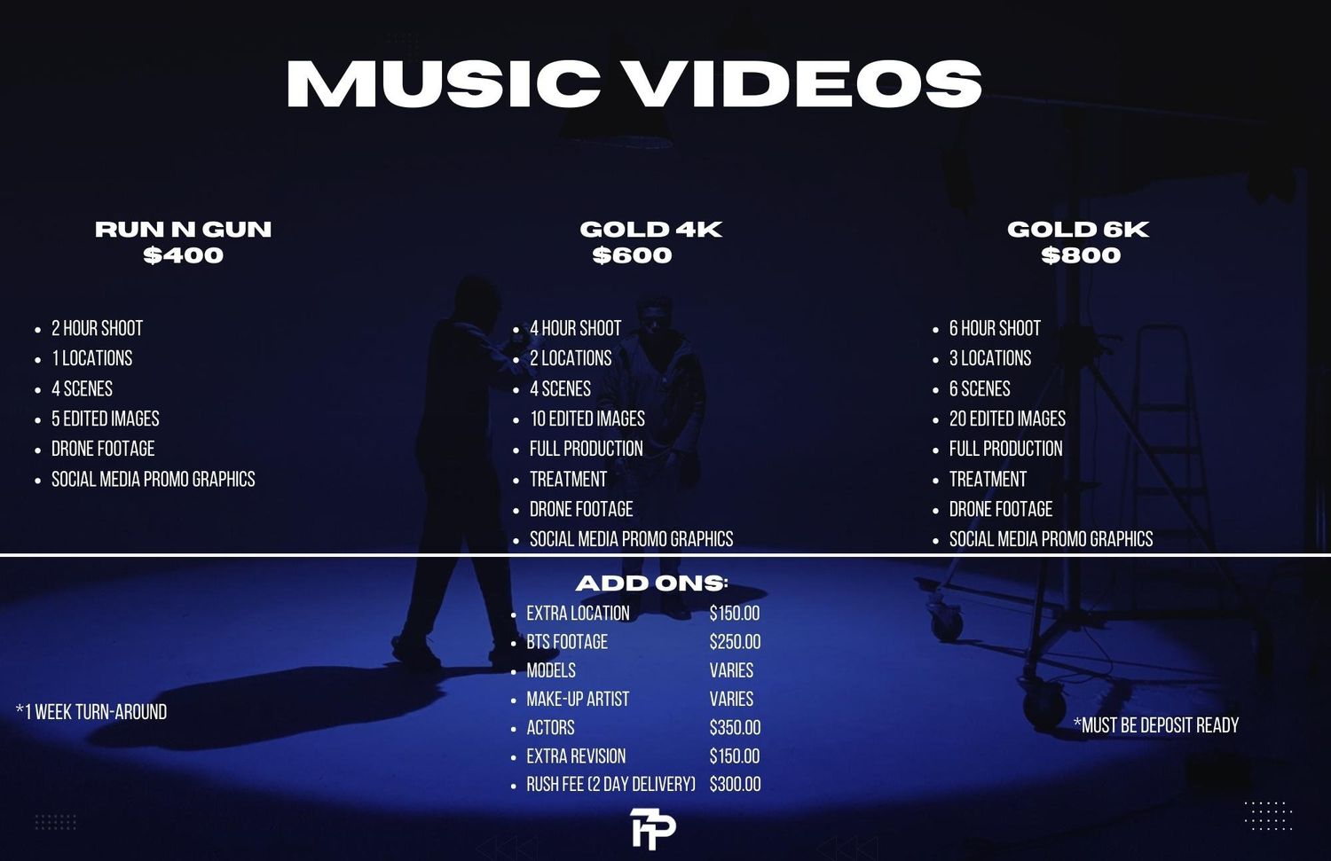 Price list display for music video packages with different tiers and features.