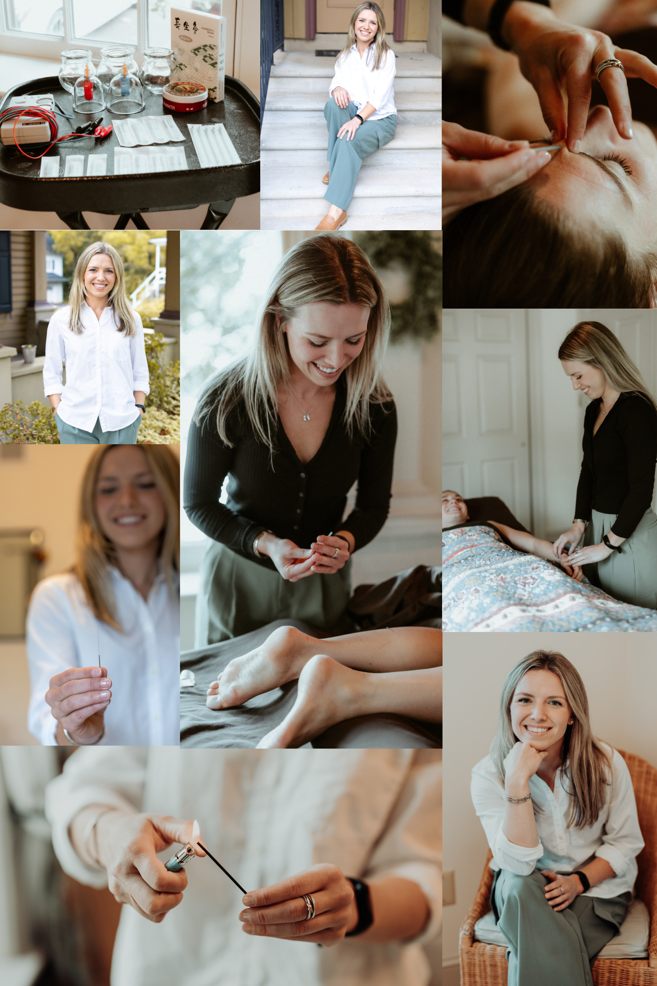 Collage of hands performing nail care and manicure treatments in a professional salon setting.
