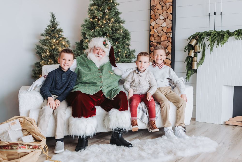A series of holiday family photos showing people in coordinating white and red outfits sitting on a couch with Christmas decor.