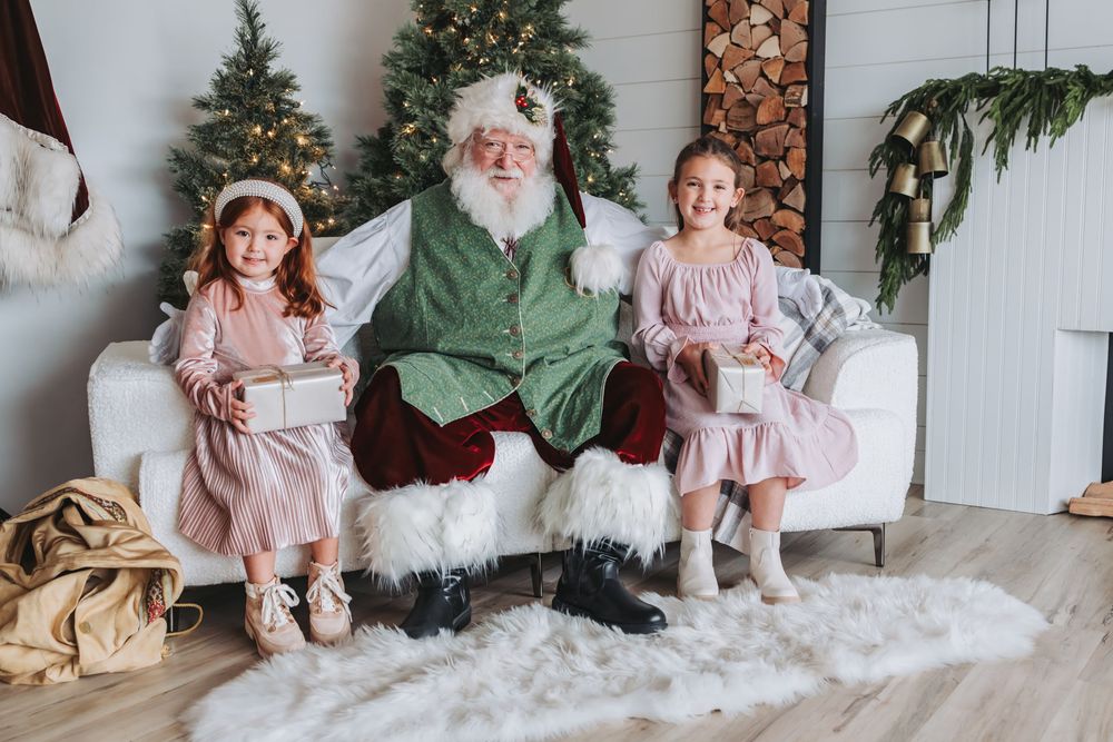 A collage of holiday photos with children sitting near a Christmas tree and festive winter decorations.