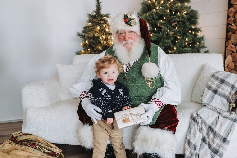 A collage of Christmas photos showing decorated trees and festive holiday scenes with Santa Claus.
