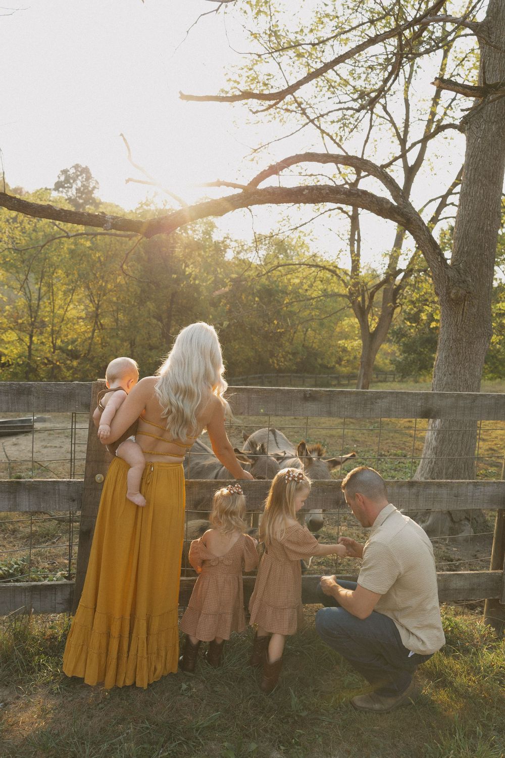 Family enjoying a sunset moment together on a grassy hill with trees and golden light in the background.