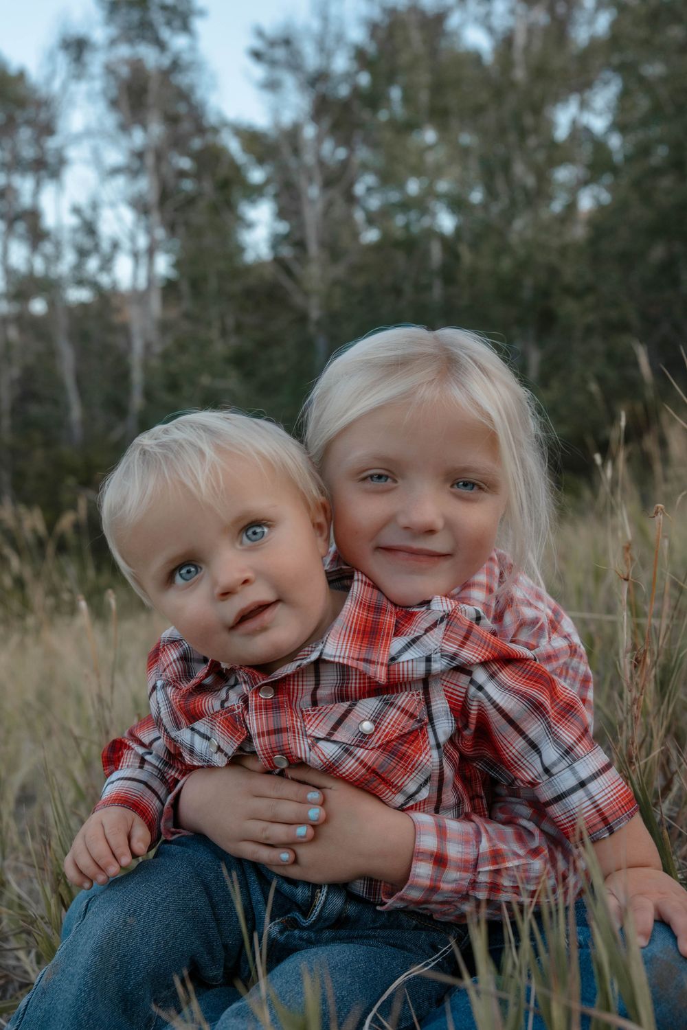 Two children in matching plaid shirts share a sweet moment outdoors.